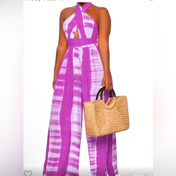 NWOT Unbranded Tie Dye Jumpsuit. Criss Cross Front Tie Purple & White. - Picture 2 of 4